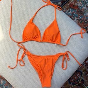 Bright orange tie side bikini with butt scrunch